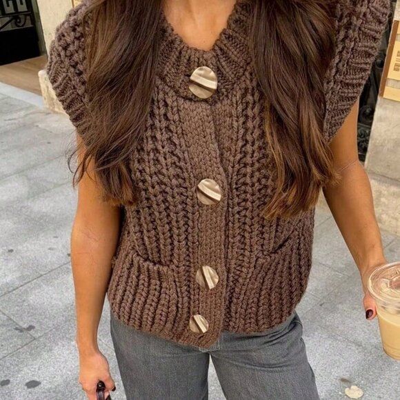 Brown Casual Women's Minimalist Chunky Knit Sleeveless Round Neck Sweater Vest - Picture 3 of 5
